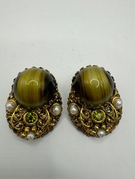 Beautiful W. Germany Porphyry Glass Cabochon Pearl Rhinestone Clip On Earrings