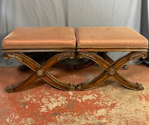 Pair Of Rose Tone Upholstery X-frame Stools With Gold Detail