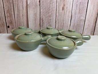 Set Of 5 Green Glazed Lidded Pottery Pots Whandles ~ Made In USA *Local Pick-Up Only*