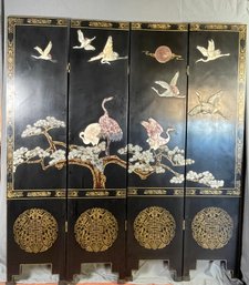 Asian Themed Room Divider With 9 Carved Cranes.