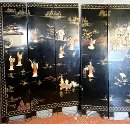 Vintage 5 Panel Room Divider Asian Themed With Carvings On The Front And Painted Flowers On The Reverse Side.
