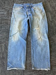 Levis Blue Distressed Jeans Button Fly Denim 501 38x28 USA MADE