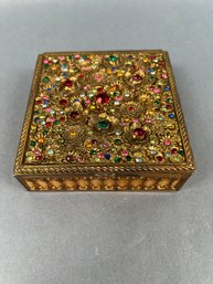 Vintage Rhinestone Encrusted Brass Trinket Box.