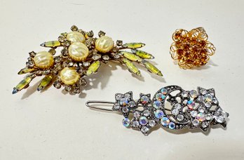 Lot Of Three Rhinestone Brooches And Ring