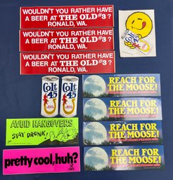 Lot Of Vintage Drinking Stickers, Ronald WA, Colt 45, Rainier, Moosehead