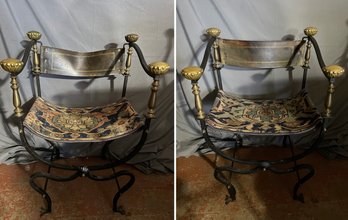 Vintage Italian Wrought Iron & Leather Savonarola Chair With Tapestry Seats