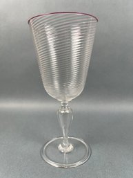 Vintage Signed Handblown Burgundy Rim Swirl Glass Wine Glass.