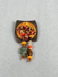 Leather And Beaded Pin Brooch