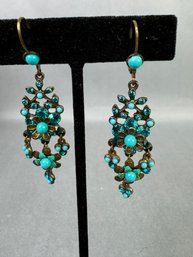 Gold Tone Pierced Earrings With Turquoise Stones & Blue Rhinestones