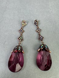 Pierced Earrings With Purple Stones And Colorful Rhinestones