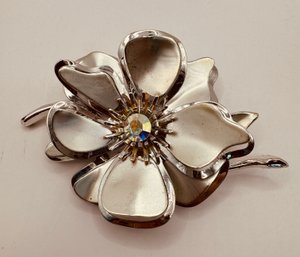 Silver Tone And Rhinestone Floral Brooch