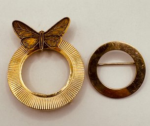2 Circle Gold Ton Brooches - Small One Is 12KGF