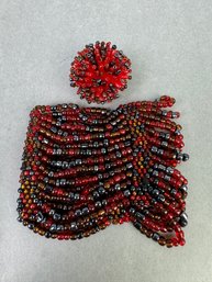 Reddish Tone Beaded Bracelet And Matching Stretchy Ring