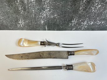 Antique Mother Of Pearl Handled Carving 3 Piece Set