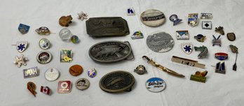 Lot Of 3 Belt Buckles, Winchester, Trout Unlimited Steelhead Council, And Large Lot Of Assorted Pins