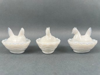 3 Vintage Milk Glass Chicken Baskets.