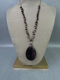 Silver Beaded Necklace With Purple Stones And Pendant