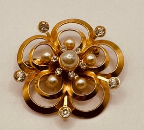 Gold Tone & Rhinestone And Faux Pearls Pin