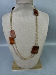 Gold Tone Necklace With Wood Block Accent