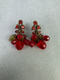 1 Inch Dangle Pierced Earrings With Red Stones & Red Rhinestones