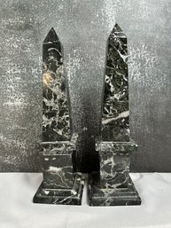 Pair Of Stone Black & White Marble Obelisks