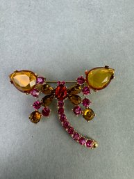 Pink And Amber Rhinestone Dragonfly Brooch