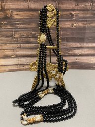 3 Strand Beaded Black Onyx, Pearl And 14k Necklace