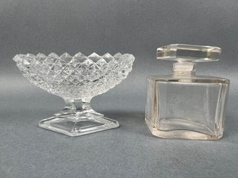 Vintage Glass Perfume Bottle And A Hobnail Crystal Salt Cellar.