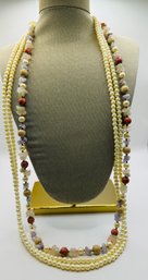 Triple Strand Of Beads - Faux Pearl Beads And Stones