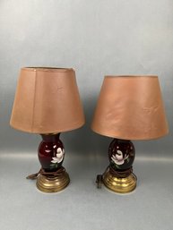 2 Vintage Red Glass Hand Painted Table Lamps.