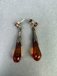 Sterling Silver And Amber Pierced Earrings