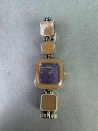 Ladies New York Quartz Watch With Purple Face And Tan & Silver Tone Band