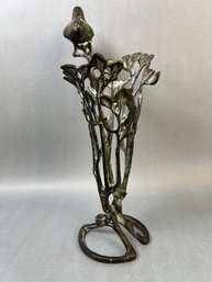 Metal Vase With Flowers And A Bird.