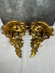 Pair Gold Ornate Wall Sconces