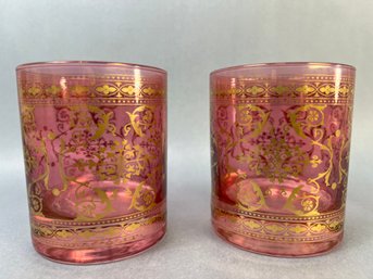 Pair Of Pink And Gold Embossed Venetian Lowball Glasses.