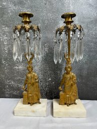 Vintage French Style Crystal And Brass Candle Holders