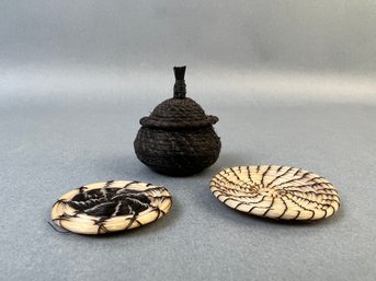 Minature Woven Basket And 2 Plates.