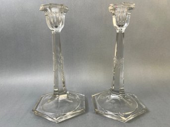 2 Etched Glass Tall Candle Holders.