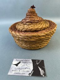 Blizzard Gulch Cherokee Woven Basket With Cover Antler Inside Bottom Deer Skin Outside Bottom.
