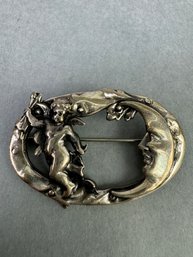 Sterling Silver Pin With Cupid And Moon