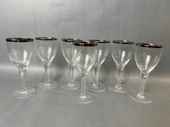 Set Of 7 Vintage Platinum Rim Aperitif Glasses