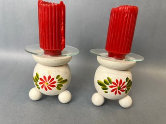 Pair Of Swedish Painted Wood Candle Holders