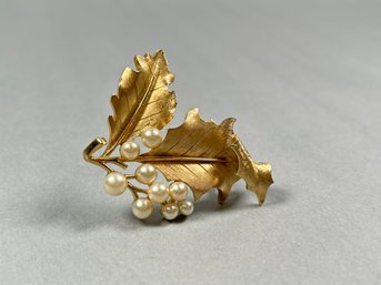 Trifari Crown Gold And Pearl Leaf Brooch