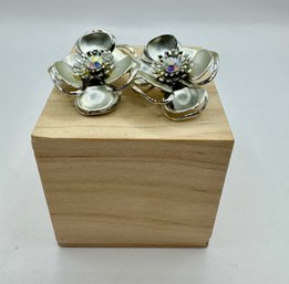 Clip On Silver Tone & Rhinestone Flower Earrings