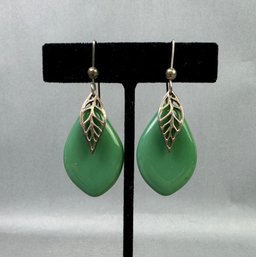 Silver Tone Pierced Earrings With Large Green Glass Drops