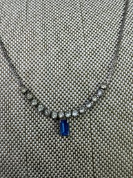 Rhinestones With Blue Stone On Silver Tone Necklace