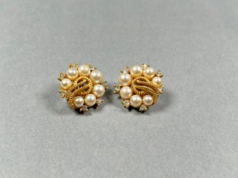 Trifari Crown Gold And Pearl Earrings