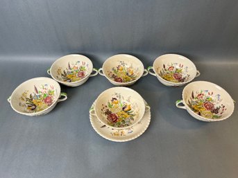 6 Johnson Brothers - Garden Bouquet 2 Handled Soups, 1 Saucer