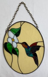 Hanging Stained Glass Art - Yellow Background Hummingbird W/Flower