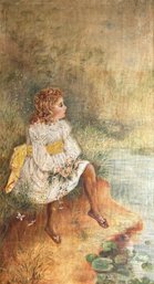 Vintage Young Girl By River Bank Painting On Cloth Framed *Local Pick-Up Only*